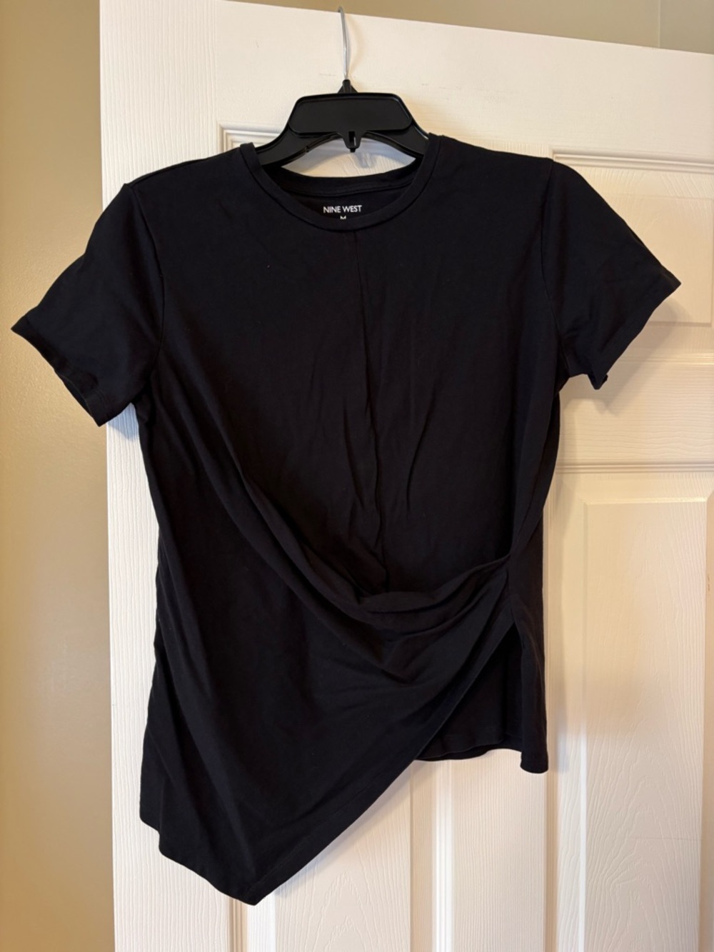Nine West Black Draped Top Asymmetrical Hem Ruched Side Short Sleeve Chic Blouse